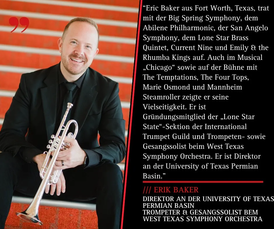 Wir freuen uns, Eric Baker aus Texas in der Schagerl Artist Family begrüßen zu dürfen!
Er ist Direktor an der University of Texas Permian Basin und prägt als Trompeter und Gesangssolist den Klang des West Texas Symphony Orchestra. 
Er spielt Schagerl Model Ganschhorn und Model 1961!

#schagerlartist #trumpet #ganschhorn #westtexassymphony 
@ebtrumpet @karlschagerl